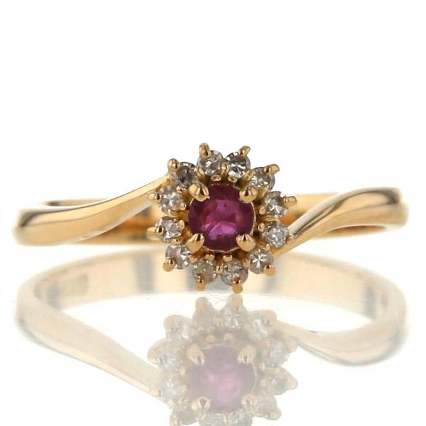 K18YG イエローゴールド リング ルビー ダイヤモンド ラウンド 取り巻き ウェーブ デザイン ...