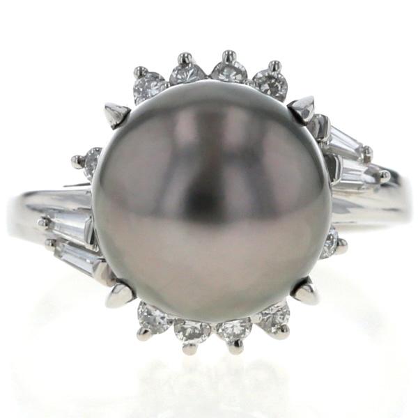 Pt900 プラチナ リング ブラックパール 黒蝶真珠 10.8mm ダイヤモンド 0.34ct 取...