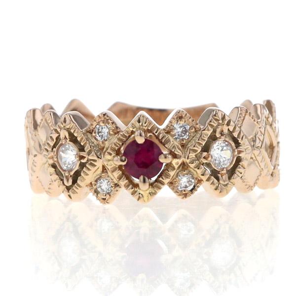 C&amp;L K18PG リング ルビー キュービックジルコニア ダイヤモンド ミル打ち クラシカル 透か...