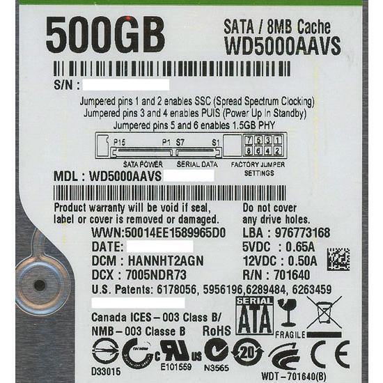 Western Digital製HDD WD5000AAVS 500GB SATA300 7200 ...