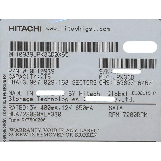 HITACHI製HDD HUA722020ALA330 2.0TB SATA300 7200rpm ...