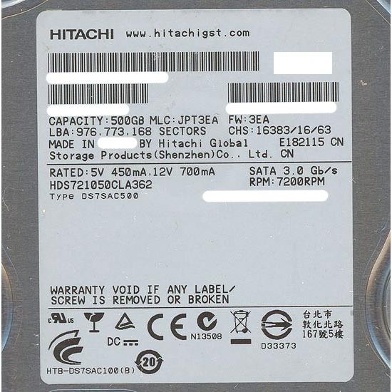 【中古】HITACHI製HDD HDS721050CLA362 500GB SATA300 7200...