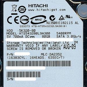 爆買【中古】【ゆうパケット対応】HITACHI ノート用HDD 2.5inch HTS543280L9A300 80GB