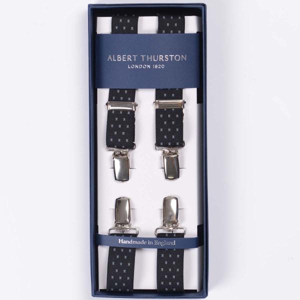 英国製アルバートサーストン X型クリップ留め サスペンダー ドット黒 エラスティック(ゴム) ブラッ...
