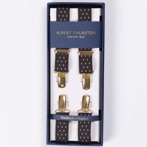 英国製アルバートサーストン X型クリップ留め サスペンダー ドット茶色 エラスティック(ゴム) ブラ...