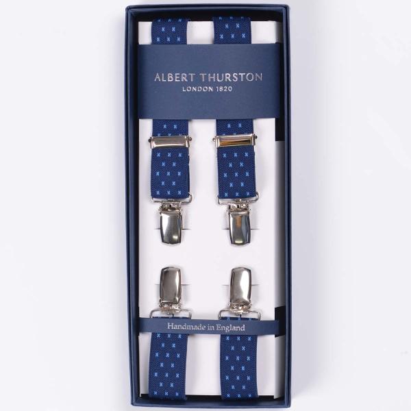 英国製アルバートサーストン X型クリップ留め サスペンダー ドット紺 エラスティック(ゴム) ネイビ...