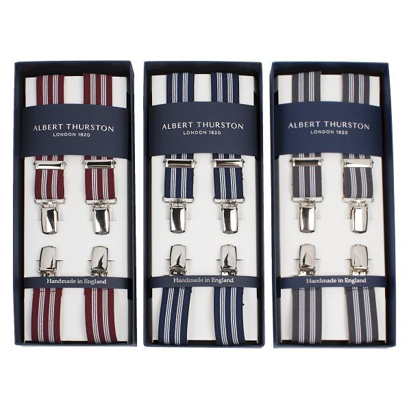 アルバートサーストン X型クリップ留め サスペンダー ストライプ エラスティック(ゴム) グレー/ネ...