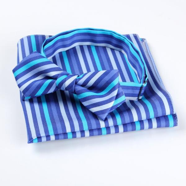 蝶ネクタイ チーフセット EXCY FORMAL マルチストライプ ブルー 日本製 英国リングハート...