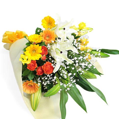 ユリと季節の花束・暖色系 (電報なし) お祝い 花 フラワー ギフト プレゼント 結婚式 誕生日 敬...