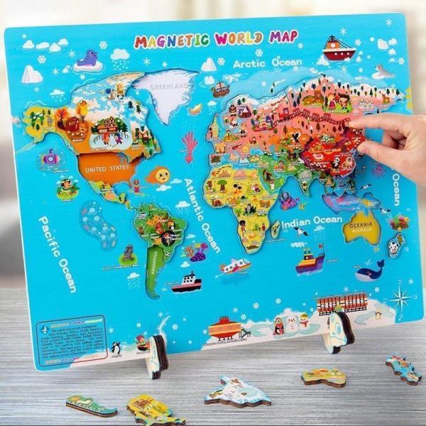英語 世界地図 木製パズル モンテッソーリ教育おもちゃ 幼児用木製ジグソーパズル1 2 3歳 色の形...