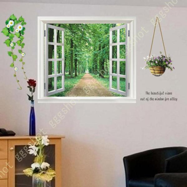 ウォールステッカー 3D 立体的 トリックアート だまし絵 窓 花 森林 木々 癒し 窓枠 壁紙シー...