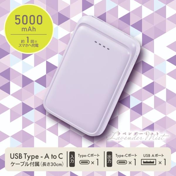 モバイルバッテリー（5000mAh/スマホ充電1回/2台同時充電可/USB AtoCケーブル付/ラベ...