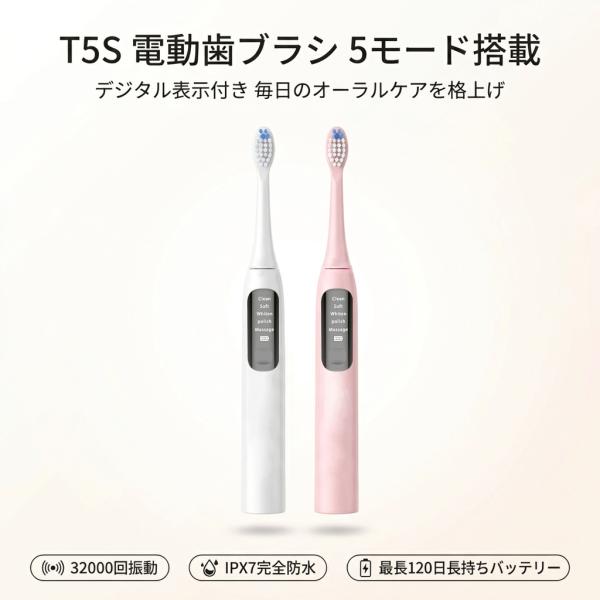 電動歯ブラシ 音波歯ブラシ 虫歯予防 歯周病予防 歯垢除去 歯磨き usb充電式 替えブラシ付き 5...