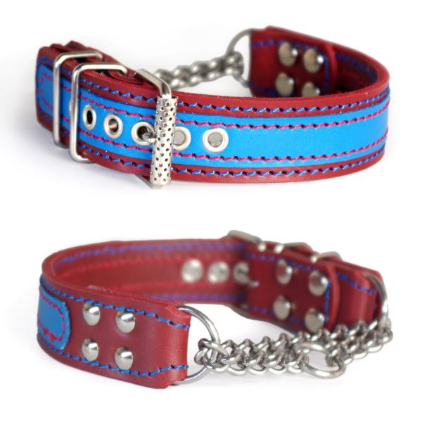 ハーフチョーク 中形犬用 革 3cm幅：3cm Type チョーカー000 ダブルカラー 赤＋青