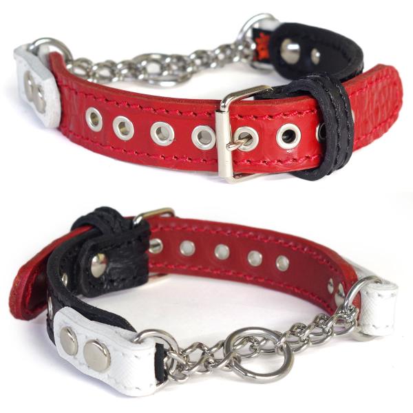 ハーフチョーク 小型犬用 革 2cm幅：Small Type チョーカーFB (赤クロコ＋黒クロコ+...