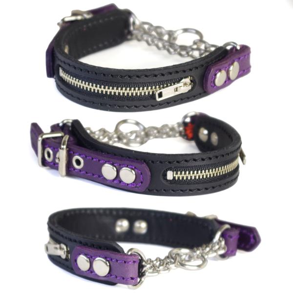 ハーフチョーク 小型犬用  革：Small Type チョーカーGB2 ジッパー 黒+パープル