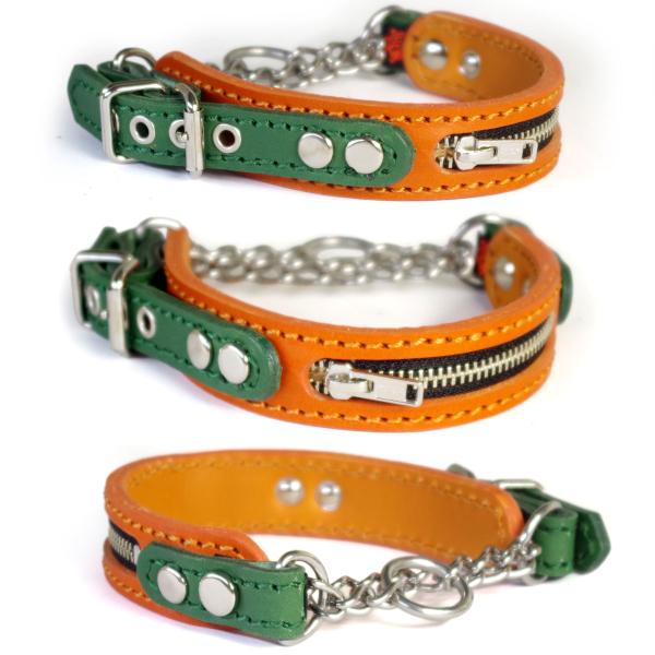 ハーフチョーク 小型犬用  革：Small Type チョーカーGB2 ジッパー オレンジ+緑