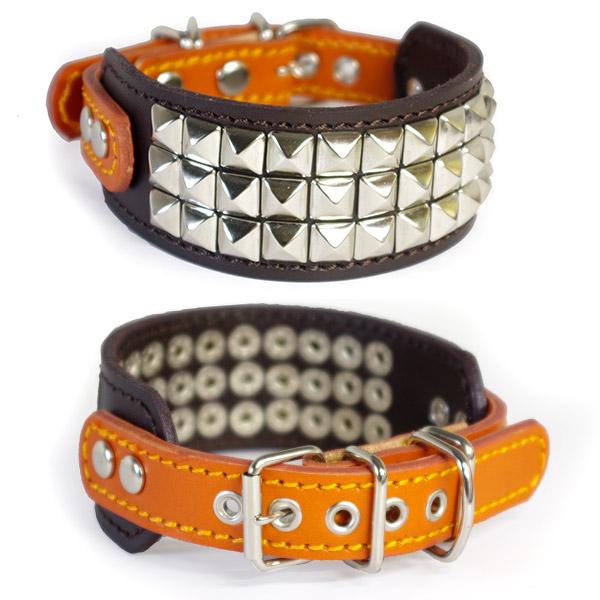 首輪 イタグレ ミニピン 革 幅広：Small Type G2-S2R3 茶色+オレンジ