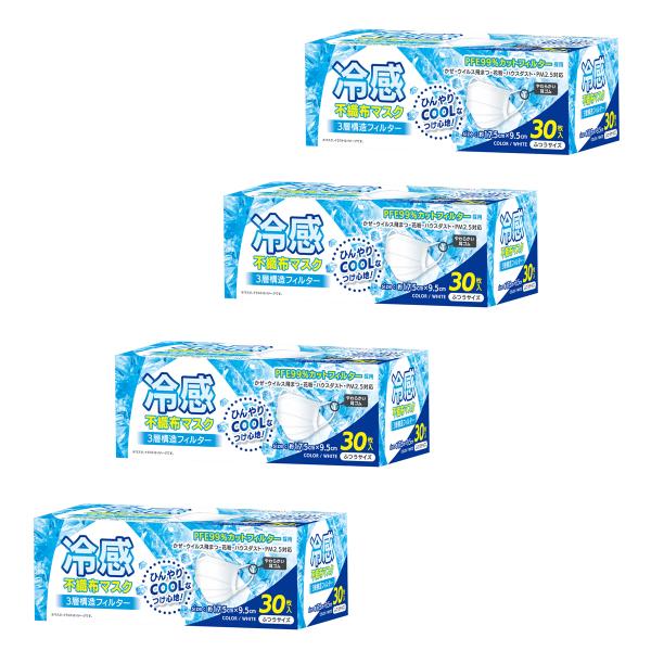 「4箱セット」冷感不織布マスク ふつうサイズ ひんやりCOOLなつけ心地！　30枚入り　（宅配便）