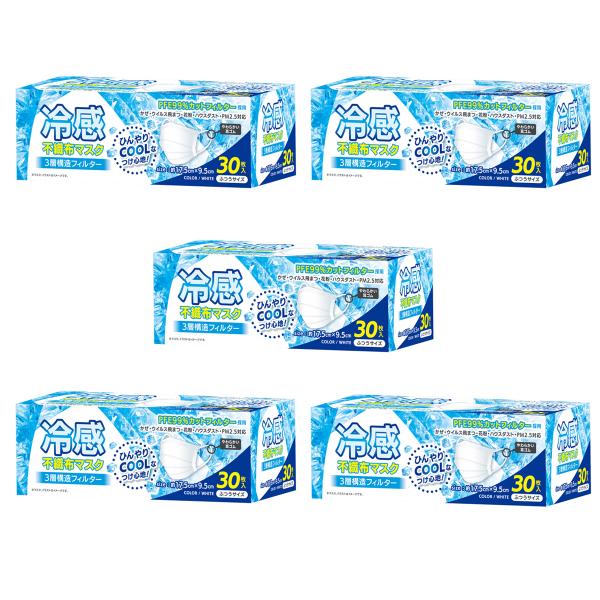 「5箱セット」冷感不織布マスク ふつうサイズ ひんやりCOOLなつけ心地！　30枚入り　（宅配便）