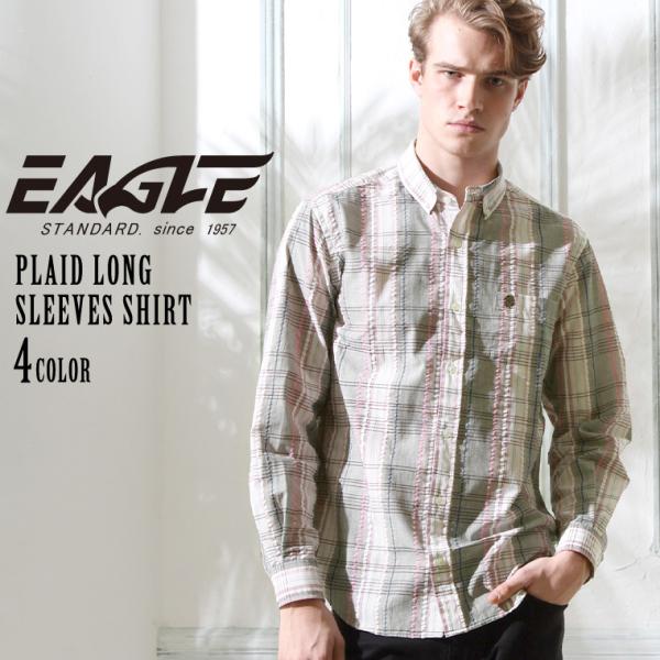 【送料無料】 シャツ メンズ 長袖 薄手 ボタンダウン ポケット チェック 日本規格 EAGLE S...