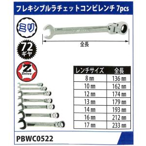 POWER BUILT(パワービルト)  フレキシブルラチェットコンビレンチ ミリサイズ 7pcsセット 1-PBWC0522｜f-depot