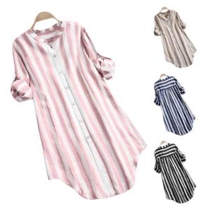 ロングシャツ レディース ストライプ柄 体型カバー ゆったり 半袖 大きいサイズ オシャレ トップス 夏 秋 春 秋新作