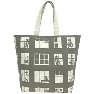 シャネル トートバッグ ウィンドウ 倉庫 8番台 ホワイト グレー キャンバス 中古 女性 Chanel 布地
