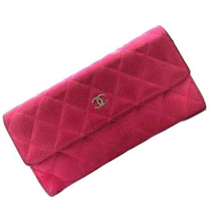 シャネル 二つ折り長財布 新品 送料無料 ソフトキャビアスキン 番台 ピンク 中古 レザー 女性 Chanel レディース キャビア