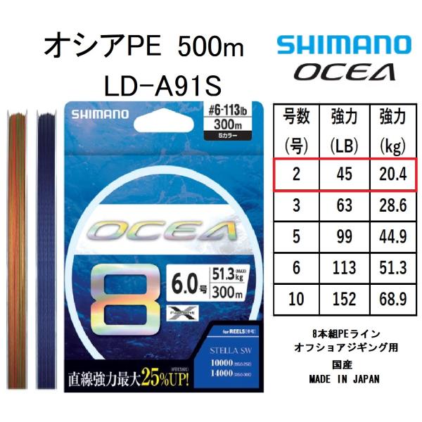 シマノ/SHIMANO オシア8PE 500m 2号 45Lbs 20.4kg LD-A91S  8...