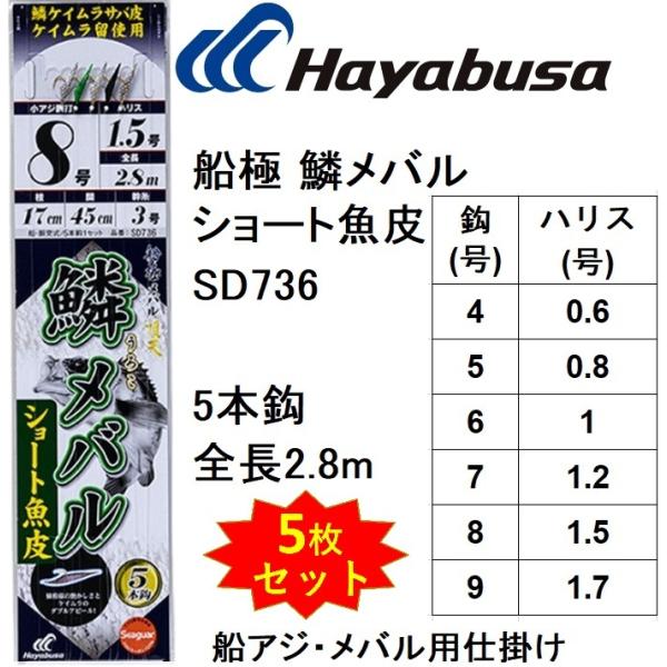 (5枚セット)ハヤブサ/Hayabusa 船極頂天 鱗メバル ショート魚皮 5本鈎 SD736 鱗ケ...