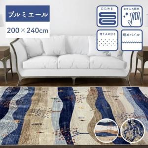 ラグ カーペット 折りたためる 滑りにくい 美しい2パターン柄の手触りの良いラグ 200×240cm 高級感 花柄 華やか ブルー ネイビー プルミエール｜f-news