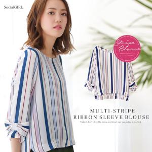マルチ ストライプ 袖リボン ブラウス 七分袖 ブラウス