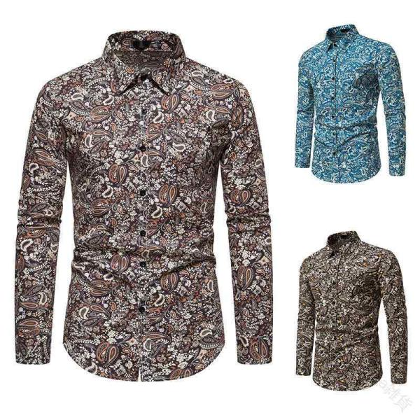 メンズシャツ スリムフィット 長袖 ペイズリープリント トップス 上品 エスニック柄 大きめサイズ ...