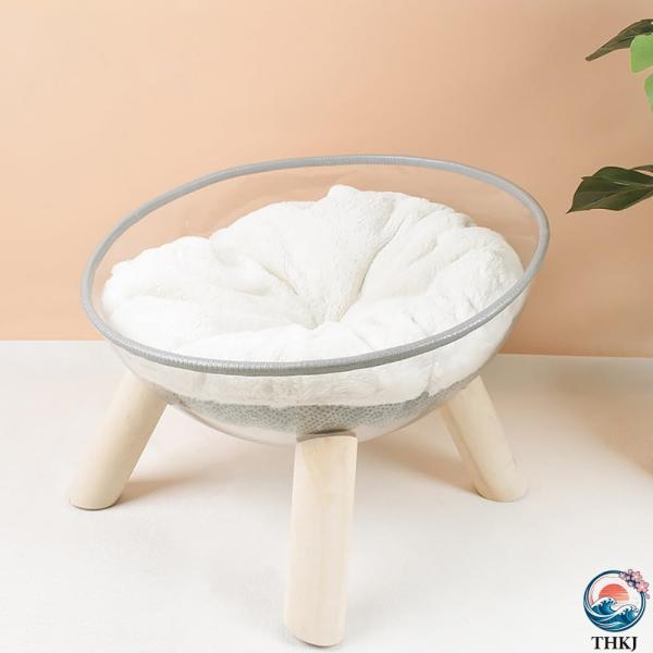 宇宙船カプセル猫ベッド 透明アクリル製 木製高所設計 クッション付き 屋内用 猫の休息スペース