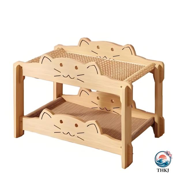 猫用爪とぎベッド 2段式キャットハウス 木製ラウンジ 通気性 ハンモック付き