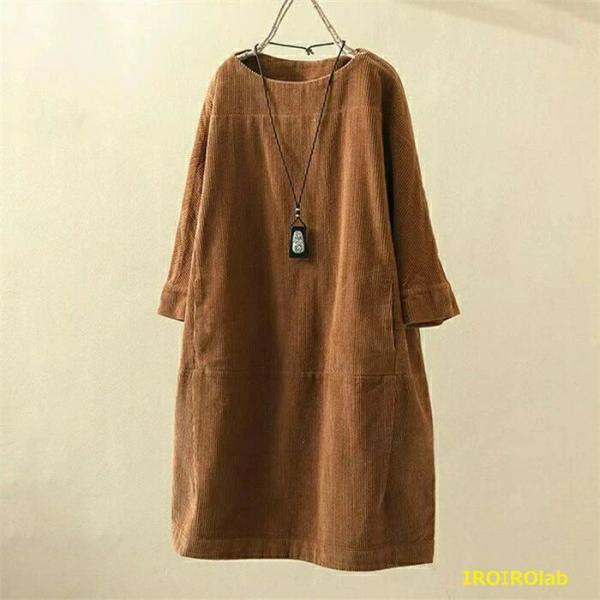 コーデュロイ ワンピース ロングワンピース ロング丈 チュニック 体型カバー 長袖 ロング 無地 秋...
