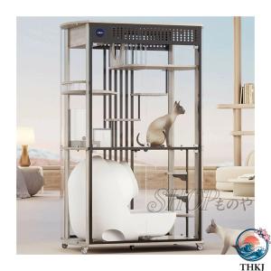 キャットハウス パノラマキャットヴィラ高級ガラス猫ルーム大型木製猫ケージ猫ハウスホーム猫キャビネット自動猫トイレを置くことができます キャット ヴィラ