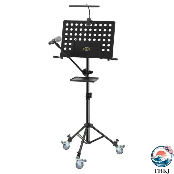 譜面台 軽量 コンパクト 車輪/トレイ/ライト/ラック付き 楽譜スタンド 楽譜立て 高さ調整80〜1...