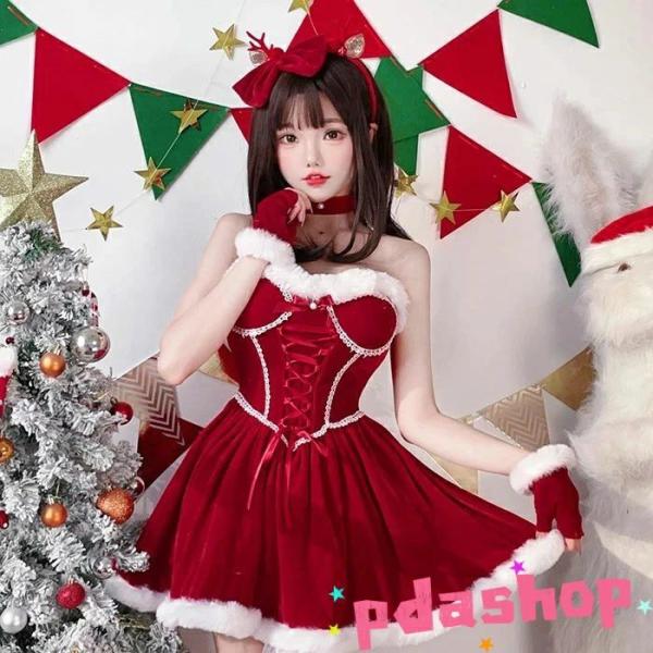サンタコス レディース かわいい 肩 露出 ワンピース カチューシャ付き 手袋 サンタ 衣装 セクシ...