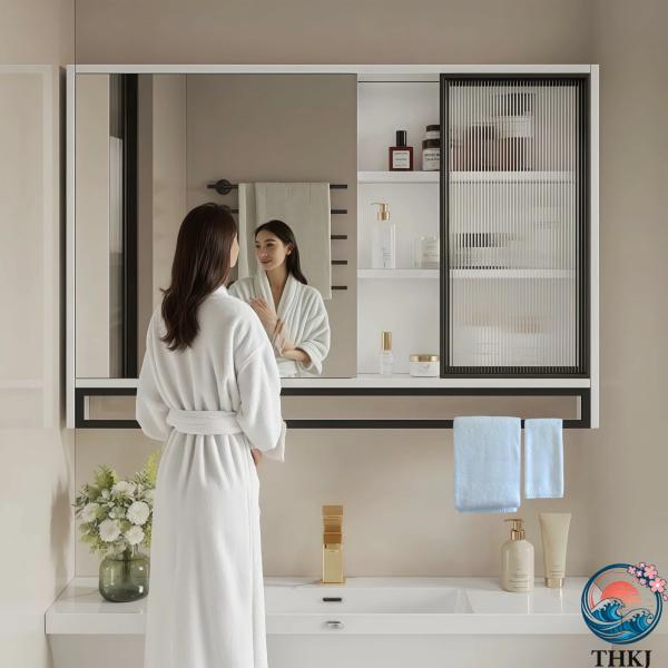 洗面化粧台 防水ミラーキャビネット収納増設 ストレージ付き ガラスドアとタオル掛け付き 無垢材の板 ...