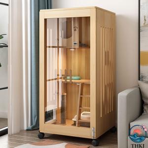 室内用猫のゲージ 大きめ動物ケージ、木製 子猫用ケージ 猫ハウス、キャスター付き キャットケージ猫、室内猫用の多機能密閉式キャットハウス 換気ガラスドア、