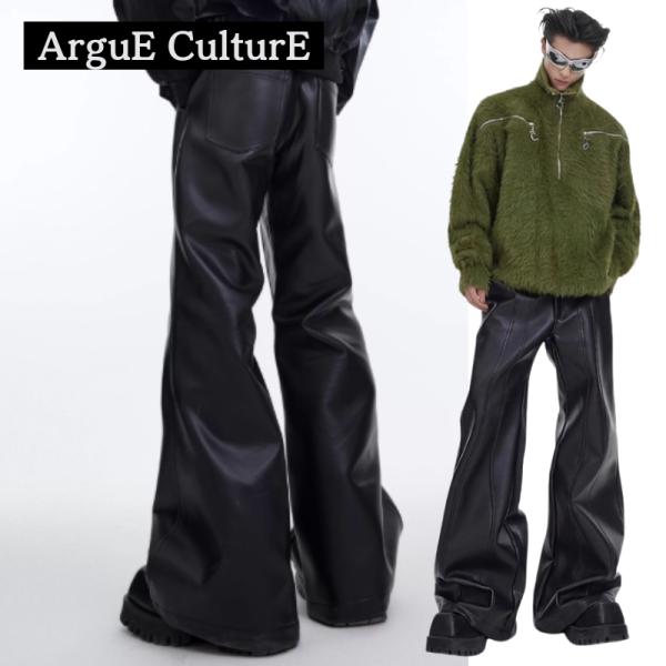 Argue Culture フェイクレザーパンツ ワイドフレアパンツ 立体構築パンツ マットレザー風...