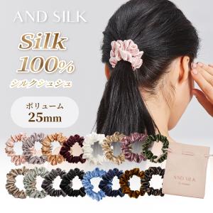 シルク シュシュ 【ボリューム25mm】シルク100% 6A 25匁 大人っぽい 小さめ シンプル ボリューム ヘアゴム ANDSILK 黒 髪にやさしい ヘアアクセサリー