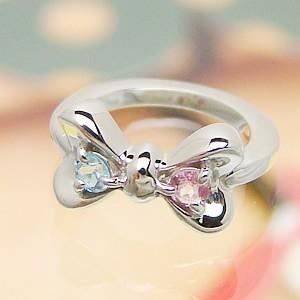 刻印できるかわいいリボンのベビーリング K10ホワイトゴールド 宝石2個
