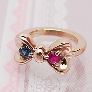 刻印できるかわいいリボンのベビーリング K18ピンクゴールド 宝石2個 刻印無料