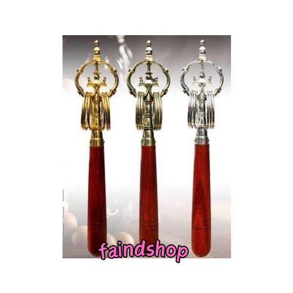 厳選品質★二股六輪錫杖★（合金 ）製 木材取っ手 ★密教法具★筋彫り仏教 密教 法具 3色選択可