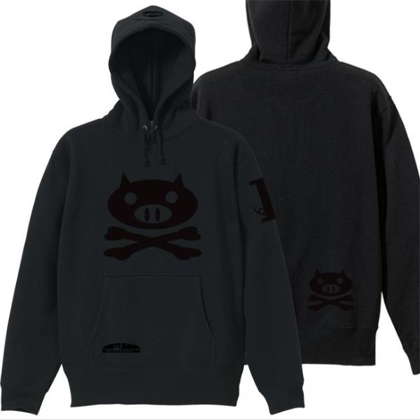 ドクロ おもしろ ブタ パーカー プルオーバー ぶたドクロ 3L XXL ブラック ブラックプリント