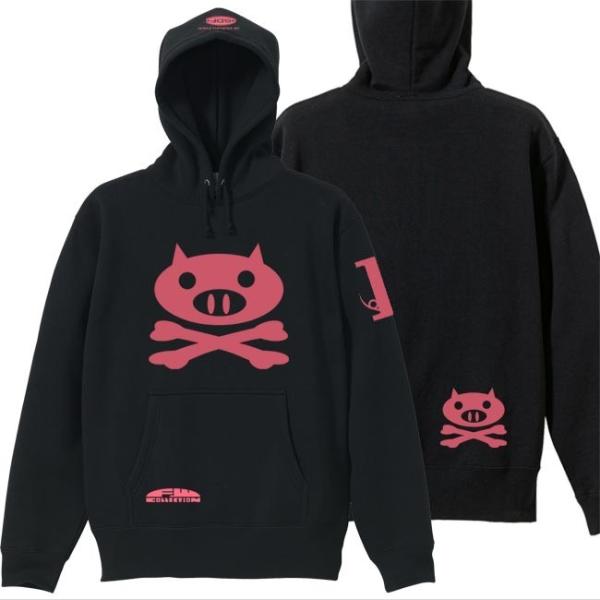 ドクロ おもしろ ブタ パーカー プルオーバー ぶたドクロ 4L XXXL ブラック ピンクプリント