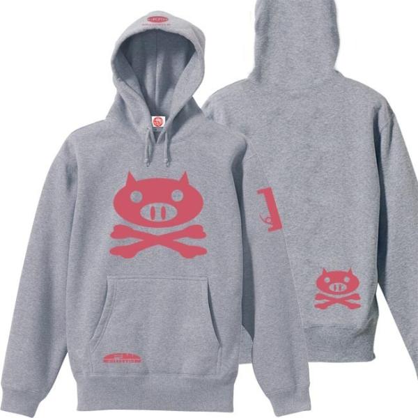 ドクロ おもしろ ブタ パーカー プルオーバー ぶたドクロ S M L XL ミックスグレー ピンク...